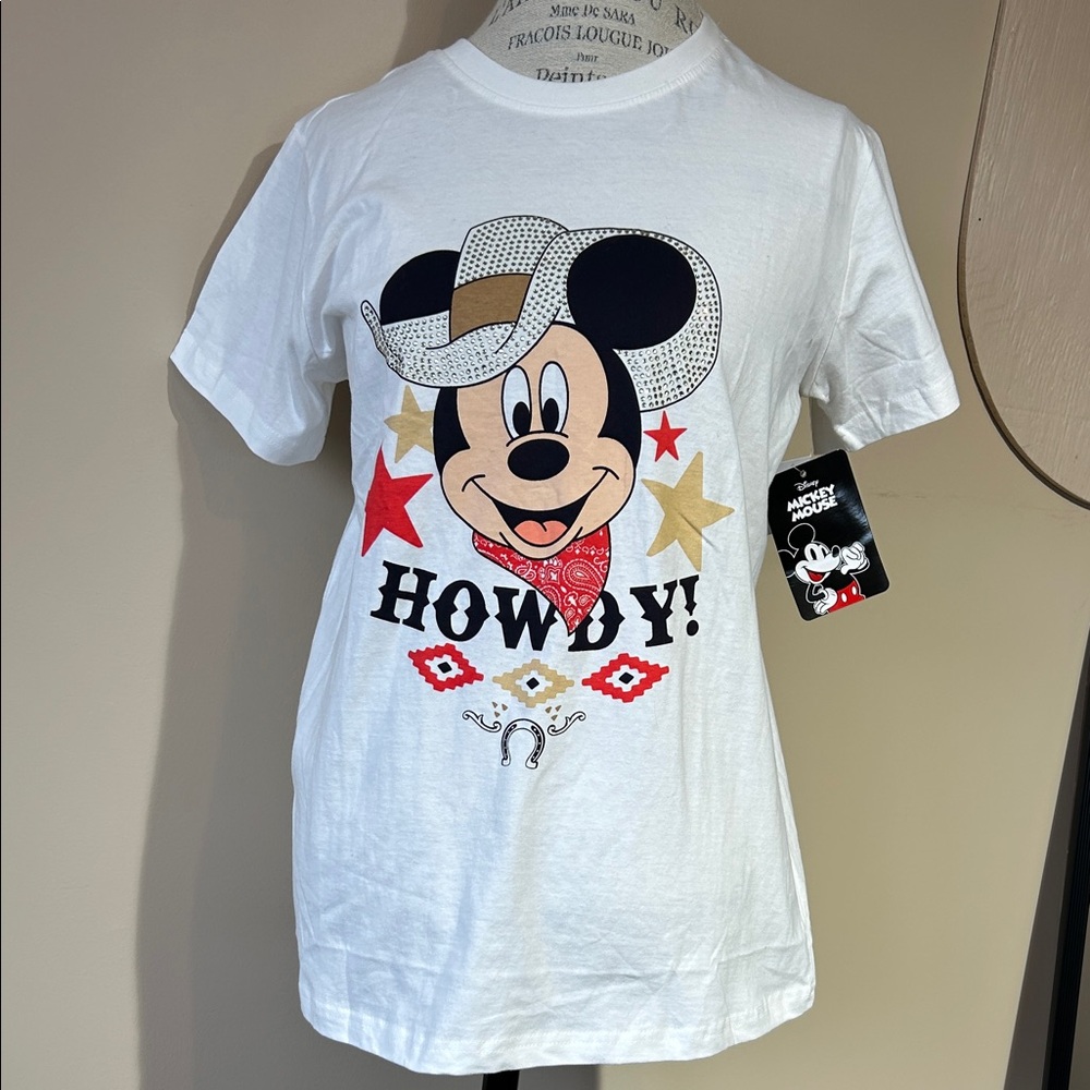Disney Mickey Mouse T-shirt, Cowboy, Rhinestones, White (Size Large)